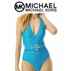 MICHAEL KORS blue Dot  Belted Halter One-Piece Swimsuit Size 4